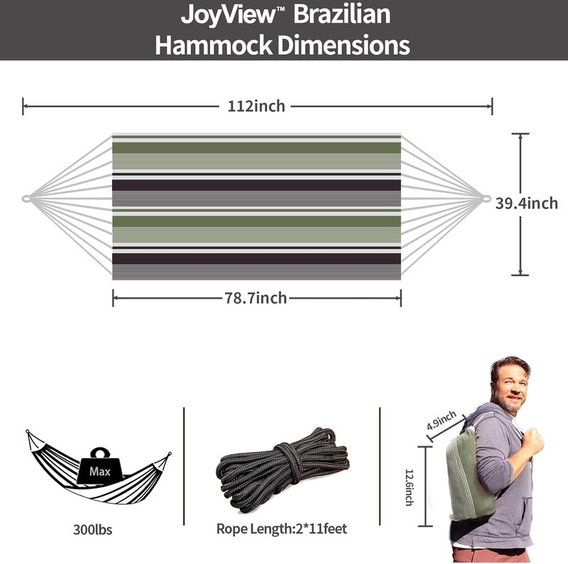 JoyView Brazilian Hammock for Single Person Portable Hammock with Hanging Ropes & Carry Bag Large 78.8x39.4” for Patio 300LBS Capacity Perfect for Outdoor/Indoor - Green Grey Stripes - Image 2